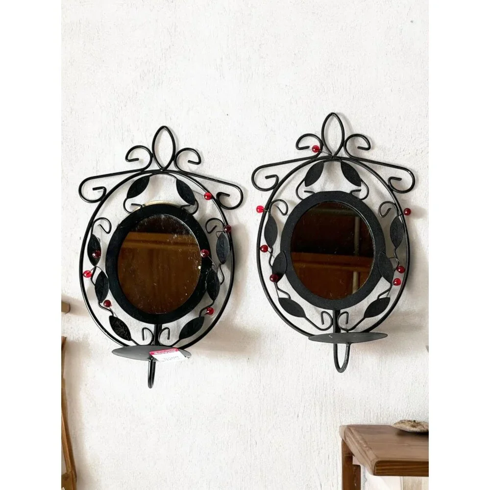 Ornate Black Wrought Iron Wall Sconces With Mirror & Candle Holder Set Of 2